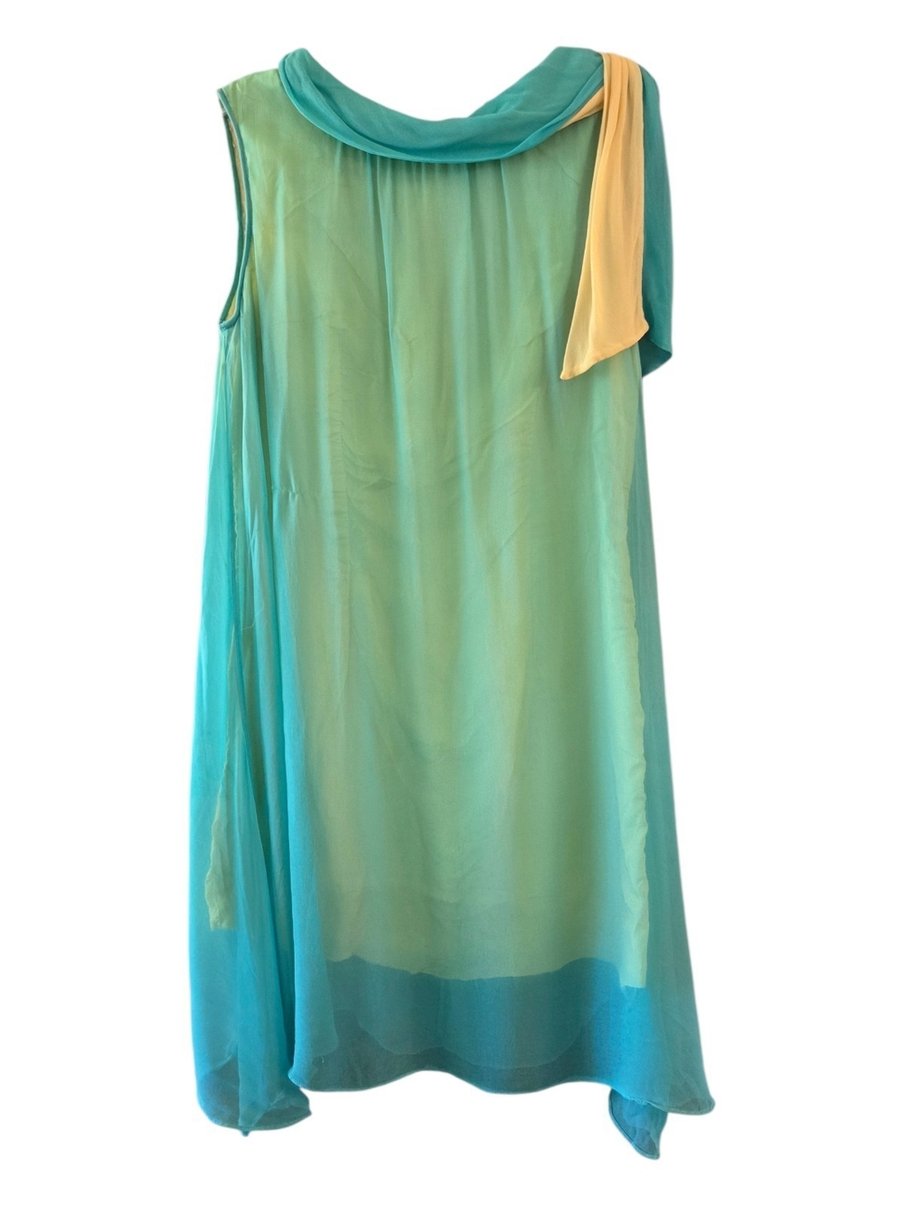 Rare Vintage 60s Dayval Chiffon Shift Dress Teal Yellow Scarf Neck Mod - Sz XS/S